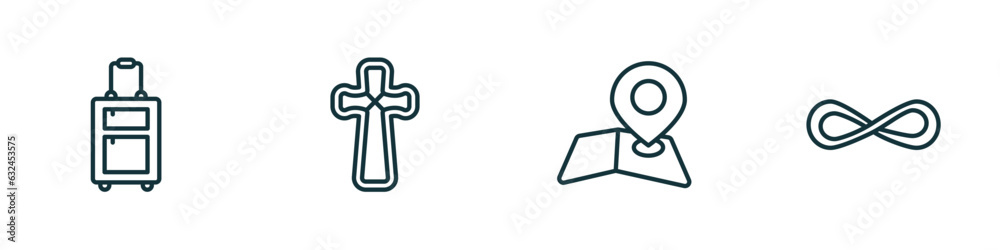 set of 4 linear icons from signs concept. outline icons included suitcase, gross dark cross, map and map pointer, infinity vector set of 4 linear icons from signs concept. outline icons included suitcase, gross dark cross, map and map pointer, infinity vector