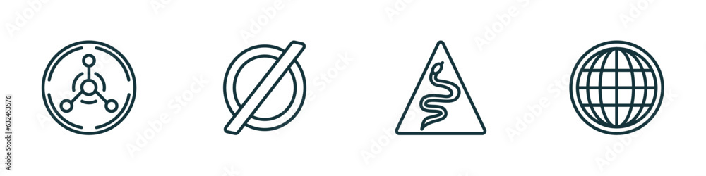 set of 4 linear icons from signs concept. outline icons included radiation, empty, snake, world grid vector set of 4 linear icons from signs concept. outline icons included radiation, empty, snake, world grid vector