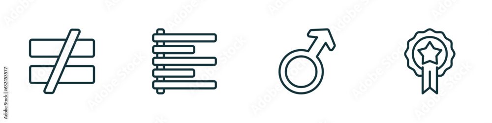 set of 4 linear icons from signs concept. outline icons included is not equal to, align left, male, premium badge vector set of 4 linear icons from signs concept. outline icons included is not equal to, align left, male, premium badge vector