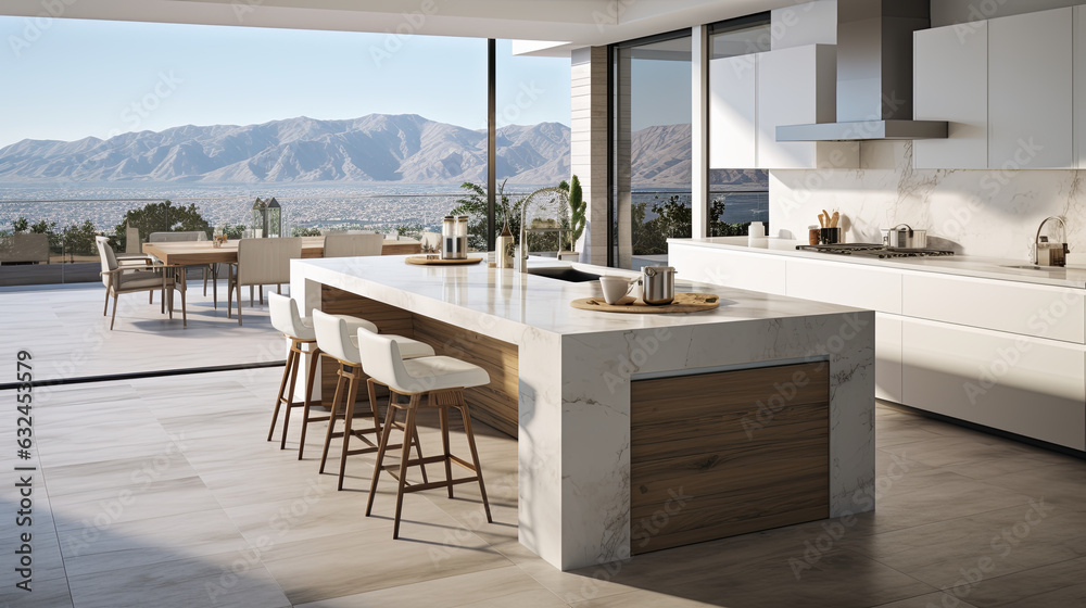 Fototapeta premium Home interior with modern kitchen counter with view through a window on the sea.