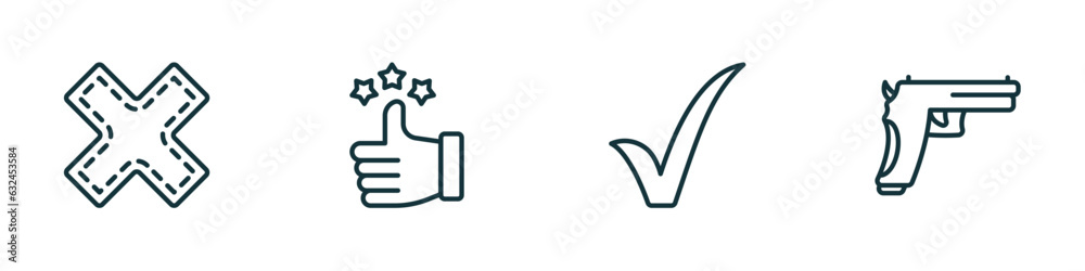 set of 4 linear icons from signs concept. outline icons included cross, superior, tick, gun vector set of 4 linear icons from signs concept. outline icons included cross, superior, tick, gun vector