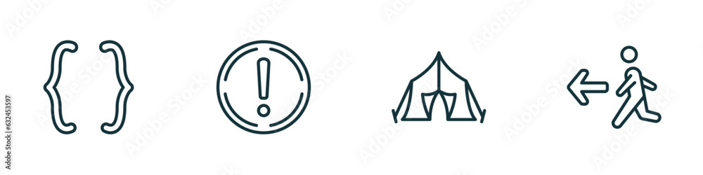 set of 4 linear icons from signs concept. outline icons included parenthesis, exclamation, tent, emergency exit vector set of 4 linear icons from signs concept. outline icons included parenthesis, exclamation, tent, emergency exit vector