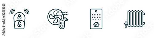 set of 4 linear icons from smart home concept. outline icons included smart key, fan, smart home console, heat leak vector