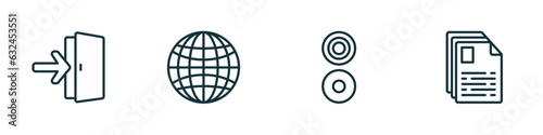 set of 4 linear icons from signs concept. outline icons included exit right arrow, grid world, reason, text documents vector