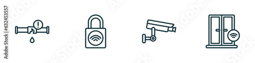set of 4 linear icons from smart home concept. outline icons included leak, smart lock, security camera, windows vector