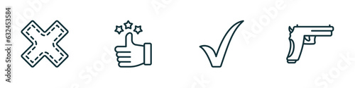 set of 4 linear icons from signs concept. outline icons included cross, superior, tick, gun vector