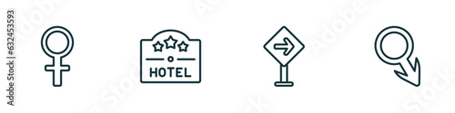 set of 4 linear icons from signs concept. outline icons included femenine, square hotel, traffic, male gender vector