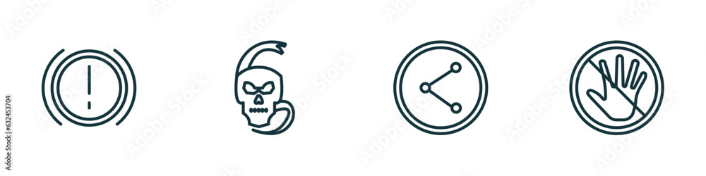 set of 4 linear icons from shapes concept. outline icons included brake system warning, skull and snake, net contents, no push vector set of 4 linear icons from shapes concept. outline icons included brake system warning, skull and snake, net contents, no push vector
