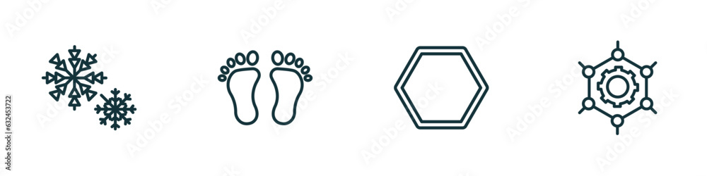 set of 4 linear icons from shapes concept. outline icons included two snow flakes, human foot prints, poligon, framework vector