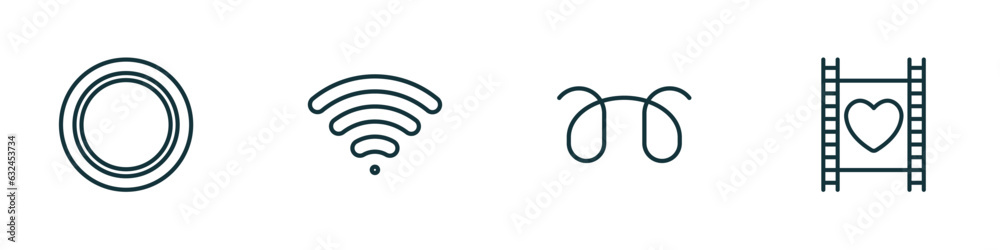 set of 4 linear icons from shapes concept. outline icons included blank circle, wireless, glowplug, film strip with heart vector set of 4 linear icons from shapes concept. outline icons included blank circle, wireless, glowplug, film strip with heart vector