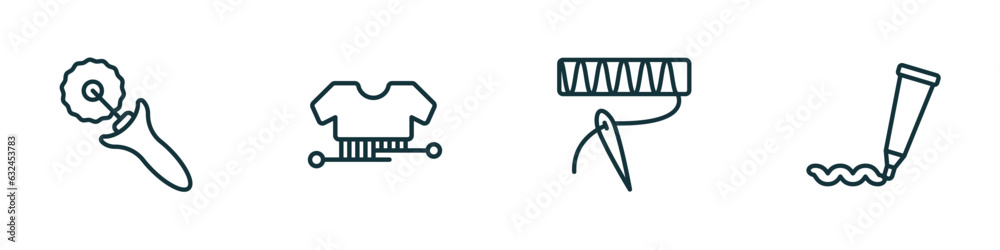 set of 4 linear icons from sew concept. outline icons included tracing wheel, hand craft, stitches, paint tube vector