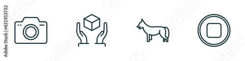 set of 4 linear icons from shapes concept. outline icons included foto, handle with care, jackal, round stop button vector
