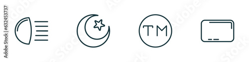 set of 4 linear icons from shapes concept. outline icons included high beam, islamic moon, trademark, rounded rectangle vector