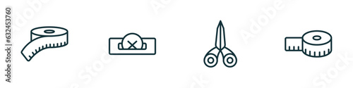 set of 4 linear icons from sew concept. outline icons included measuring, buttonhole, sewing scissors, tape vector