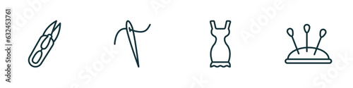 set of 4 linear icons from sew concept. outline icons included thread nippers, sewing needles, garment, pincushion vector