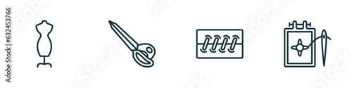 set of 4 linear icons from sew concept. outline icons included dummy, cutting tool, seam, needlepoint vector
