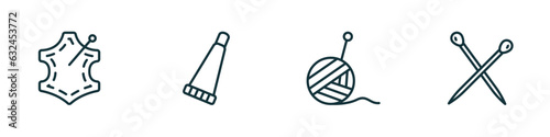 set of 4 linear icons from sew concept. outline icons included leather, glue stick, wool ball, pins vector