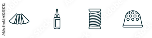 set of 4 linear icons from sew concept. outline icons included pleat, glue, thread, thimble vector