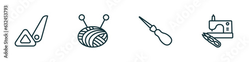 set of 4 linear icons from sew concept. outline icons included sewing marker, ball of wool, awl, sewing clip art vector