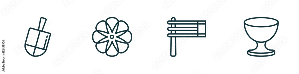 set of 4 linear icons from religion concept. outline icons included dreidel, flowers, gragger, laver of washing vector set of 4 linear icons from religion concept. outline icons included dreidel, flowers, gragger, laver of washing vector