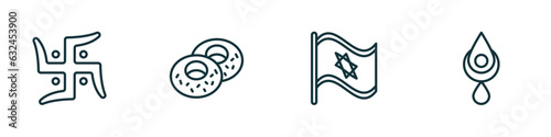 set of 4 linear icons from religion concept. outline icons included swastica, jewish bagels, israel flag, bindi vector