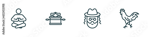 set of 4 linear icons from religion concept. outline icons included meditation, ark of the convenant, rabbi, chicken vector