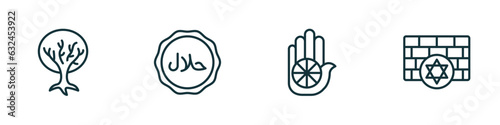 set of 4 linear icons from religion concept. outline icons included tree of life, halal, jainism, kotel vector
