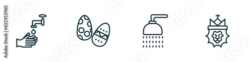 set of 4 linear icons from religion concept. outline icons included wudu, easter eggs, islamic ghusl, lion of judah vector