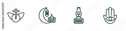 set of 4 linear icons from religion concept. outline icons included heresy, islamic ramadan, old oil lamp, hamsa vector photo