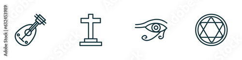 set of 4 linear icons from religion concept. outline icons included oud, christianity, eye of ra, blasphemy vector