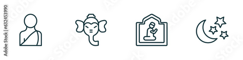 set of 4 linear icons from religion concept. outline icons included buddhist monk, ganesha, islamic pray, star and crescent moon vector