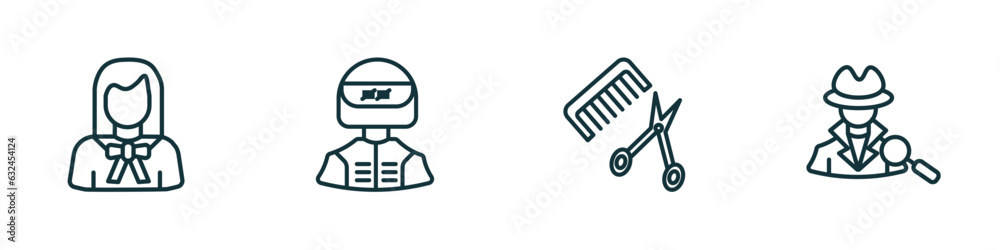 set of 4 linear icons from professions concept. outline icons included lawyer, racer, hairdresser, detective vector set of 4 linear icons from professions concept. outline icons included lawyer, racer, hairdresser, detective vector