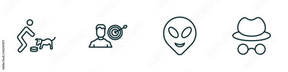 set of 4 linear icons from people concept. outline icons included feeding a dog, man with target, alien smile, hat and glasses vector set of 4 linear icons from people concept. outline icons included feeding a dog, man with target, alien smile, hat and glasses vector