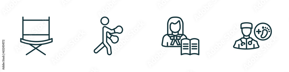 set of 4 linear icons from professions concept. outline icons included director, boxer, teacher, podiatrist vector set of 4 linear icons from professions concept. outline icons included director, boxer, teacher, podiatrist vector