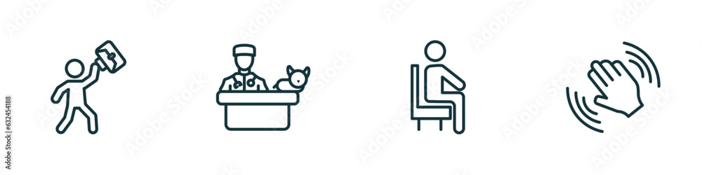 set of 4 linear icons from people concept. outline icons included success man happy, vet with cat, sit down, waving goodbye vector set of 4 linear icons from people concept. outline icons included success man happy, vet with cat, sit down, waving goodbye vector