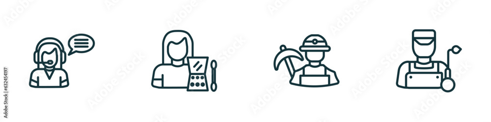 set of 4 linear icons from professions concept. outline icons included telemarketer, makeup artist, miner, welder vector