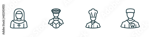 set of 4 linear icons from professions concept. outline icons included nun, driver, chef, orthodontist vector