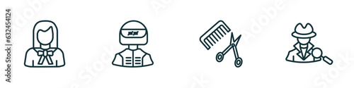 set of 4 linear icons from professions concept. outline icons included lawyer, racer, hairdresser, detective vector