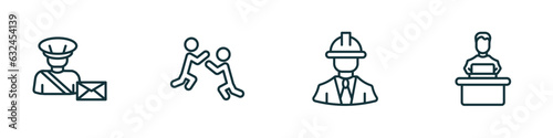 set of 4 linear icons from professions concept. outline icons included postman, wrestling, engineer, software developer vector