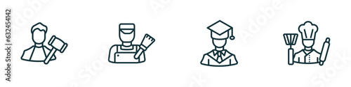 set of 4 linear icons from professions concept. outline icons included judge, painter, graduated, cooker vector