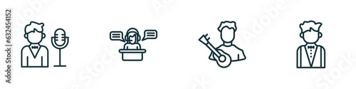 set of 4 linear icons from professions concept. outline icons included showman, secretary, musician, butler vector