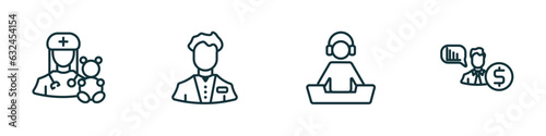 set of 4 linear icons from professions concept. outline icons included pediatrician, clerk, dj, financial advisor vector