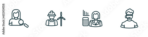 set of 4 linear icons from professions & jobs concept. outline icons included hr specialist, wind turbine technician, actuary, bouncer vector