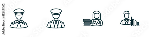 set of 4 linear icons from professions concept. outline icons included pilot, captain, librarian, statistician vector