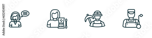 set of 4 linear icons from professions concept. outline icons included telemarketer, makeup artist, miner, welder vector