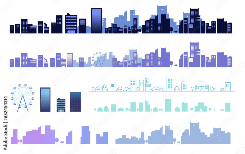 Fototapeta premium シンプルな街並みのシルエットイラストのセット 背景イラスト 都市景観