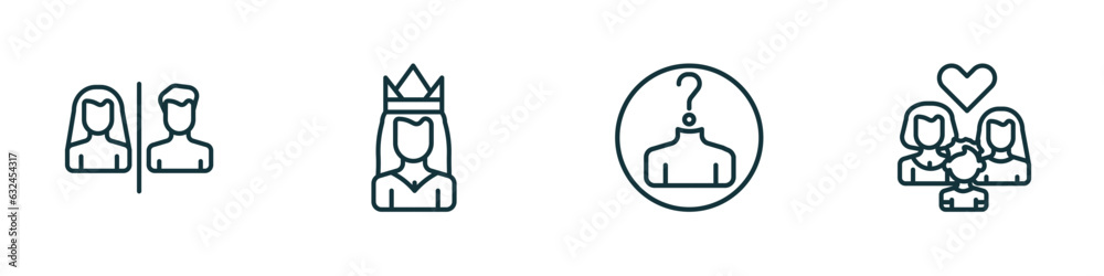 set of 4 linear icons from people concept. outline icons included restroom, princes, unknown, lesbian couple and son vector set of 4 linear icons from people concept. outline icons included restroom, princes, unknown, lesbian couple and son vector