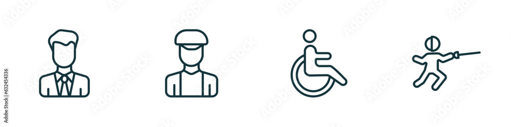 set of 4 linear icons from people concept. outline icons included bussiness man, dutch, handicapped, fencing attack vector set of 4 linear icons from people concept. outline icons included bussiness man, dutch, handicapped, fencing attack vector