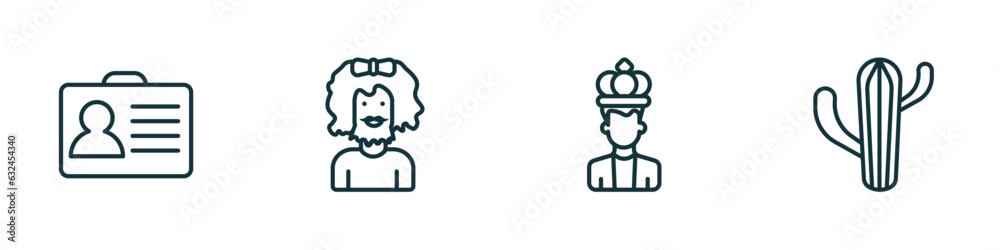 set of 4 linear icons from people concept. outline icons included identification ard, bearded woman, empress, argentina vector set of 4 linear icons from people concept. outline icons included identification ard, bearded woman, empress, argentina vector
