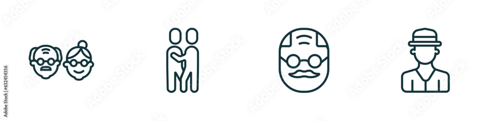 set of 4 linear icons from people concept. outline icons included old couple, snuggle, elder, spanish man vector set of 4 linear icons from people concept. outline icons included old couple, snuggle, elder, spanish man vector